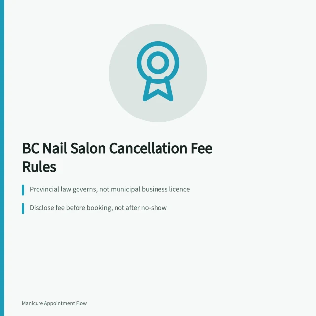 Card outlining BC salon cancellation fee disclosure and enforcement rules. BC Nail Salon Appointment Cancellation Policy: A Guide to Enforceable Fees