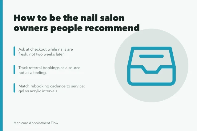 Card with referral tips for nail salon owners. How to be the nail salon owners people recommend