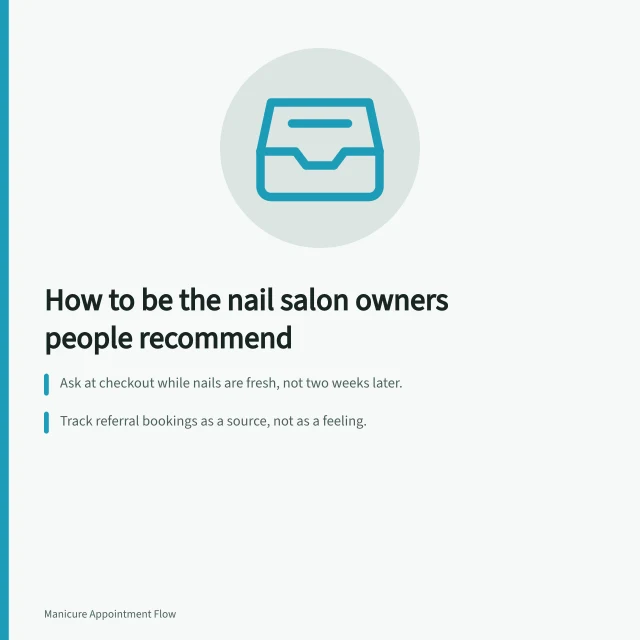 Card with referral tips for nail salon owners. How to be the nail salon owners people recommend