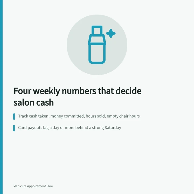 Card showing four weekly cash flow numbers for nail salon owners. Nail salon cash flow basics for owners who hate spreadsheets