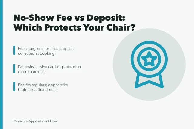 Comparison of no-show fee and deposit policies for nail salon bookings. No-Show Fee vs Deposit for Nail Salons: Which One Protects Your Chair?