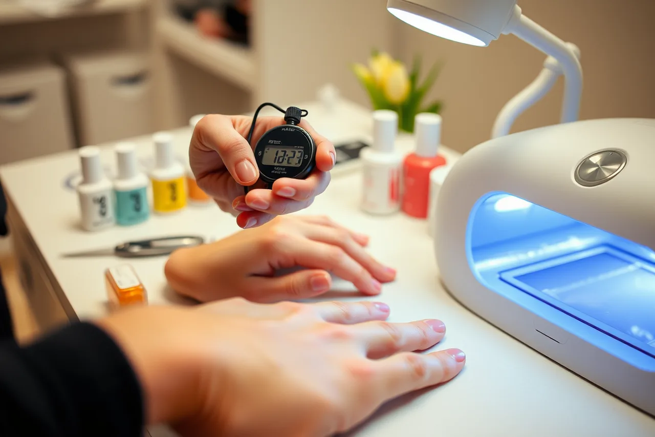 Nail technician timing a gel manicure with a stopwatch at the salon table (Profitable nail salon services rated on what actually matters)