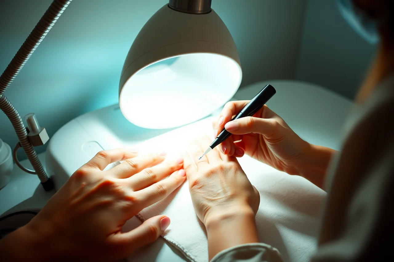 Task lamp lighting a client's nail evenly at a manicure station (7 things to weigh up on nail salon equipment)