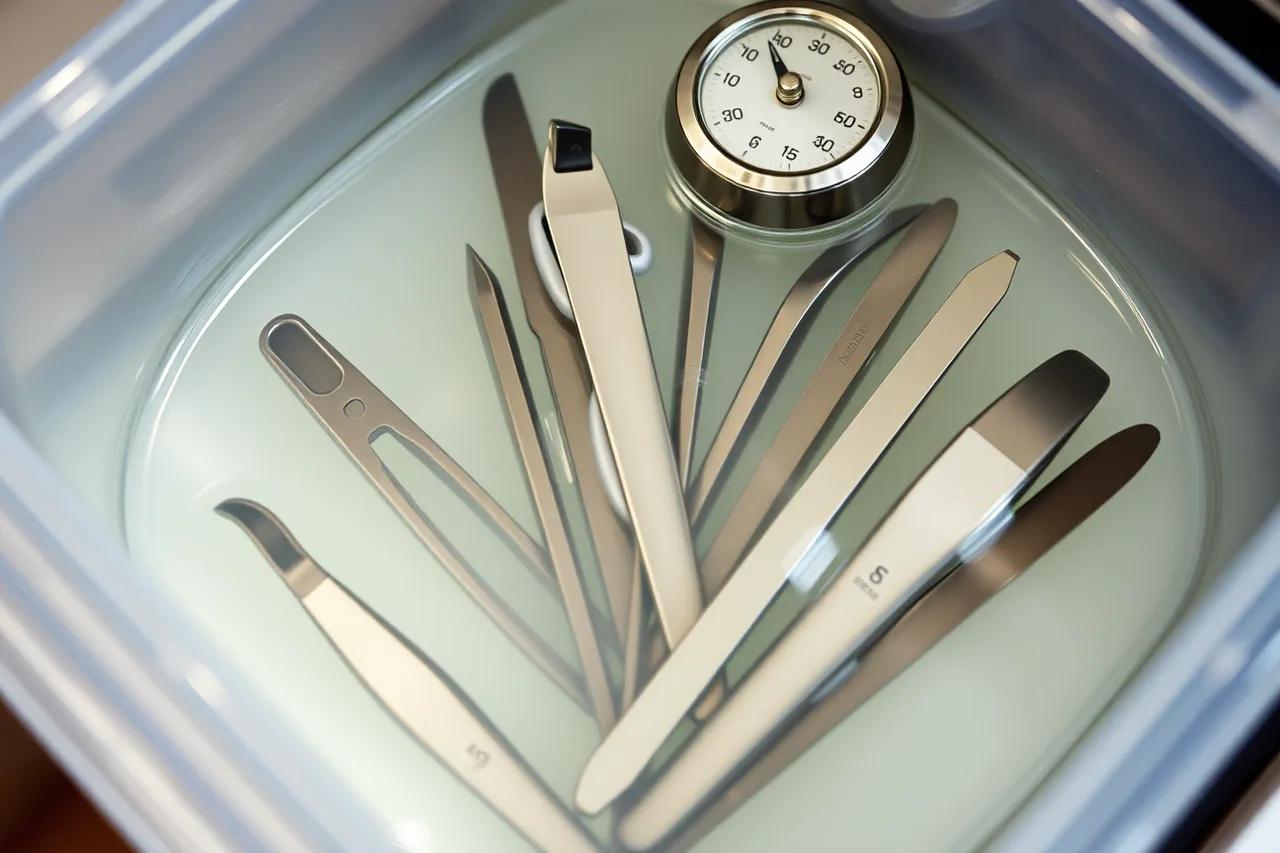 Metal nail tools soaking in disinfectant solution with a timer (Nail salon workflow and operations for owners)