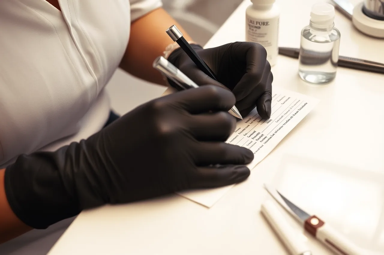 Nail technician recording lifting and prep steps on a client chart (Nail salon market trends worth planning around for 2027)