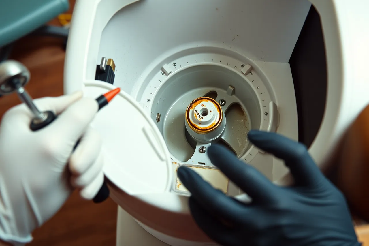 Pedicure unit with pump cover off showing internal water path (The cost of nail salon equipment, new and second-hand)